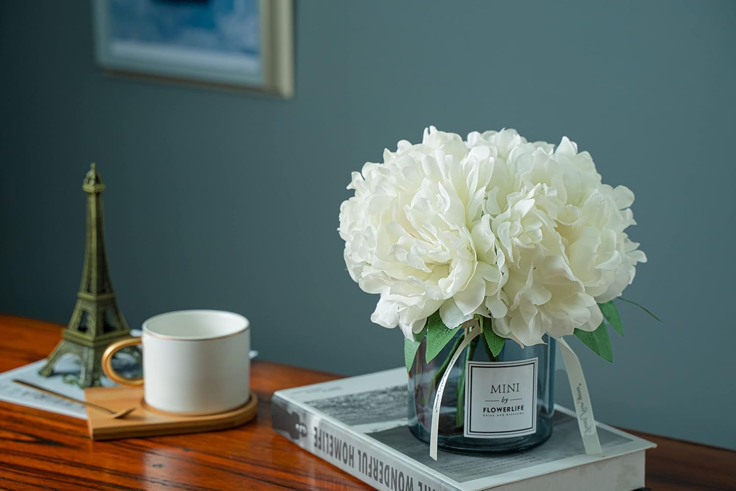 Artificial Peony and Glass Vase Decoration, Artificial Flower & Glass Bottle Set