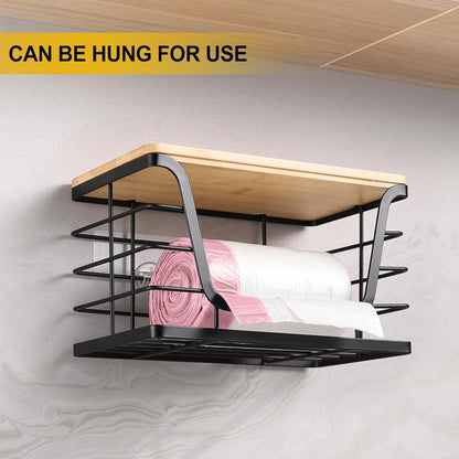 2 Pack Storage Stackable Kitchen Laundry Organizers with Bamboo Top, Large Trash Bag Holder and Small Garbage Bag Dispenser for Countertop Organization
