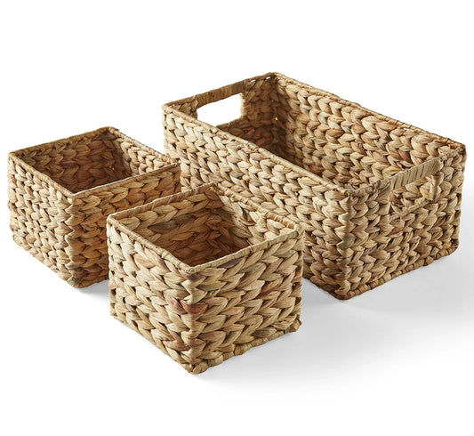 3-Piece Natural Woven Water Hyacinth Decorative Storage Basket Set, 16 in X 7 in X 6 In