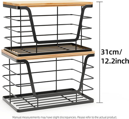 2 Pack Storage Stackable Kitchen Laundry Organizers with Bamboo Top, Large Trash Bag Holder and Small Garbage Bag Dispenser for Countertop Organization