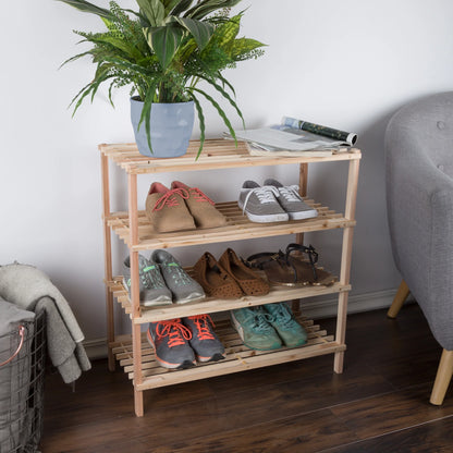 4-Tier Wooden Shoe Rack Organizer - 25"X26" Sturdy Shoe Shelf Organizer Holds 12 Pairs, (Light Oak)