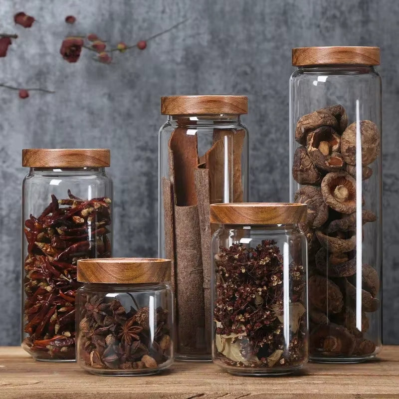 1PCS Wood/Glass Kitchen Storage Jar 